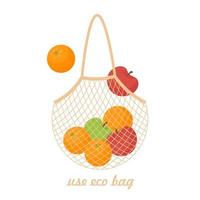 saco de barbante zero resíduos com maçã e fruta laranja. ilustração vetorial vetor