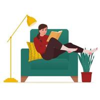 mulher lendo livro, descansando na poltrona. passatempo, relaxe, recreação vetor