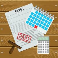 impostos pago em tempo. tributação dia e dia do pagamento, Forma de pagamento em mesa, Cálculo imposto. vetor ilustração