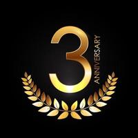 logotipo do modelo dourado 3 anos de aniversário com coroa de louros vetor