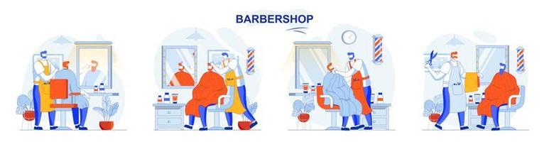 conceito de barbearia define cenas isoladas de pessoas em design plano vetor