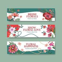 modelo de banner com pincel floral conceito design aquarela vetor