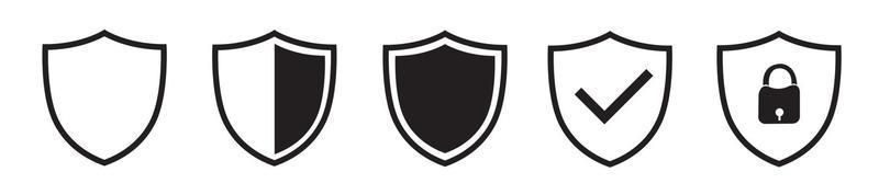 escudo conjunto de ícones pretos. escudo símbolos marca de seleção, cadeado. proteção