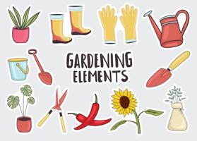 coleção de adesivos coloridos desenhados à mão com elementos de jardinagem vetor