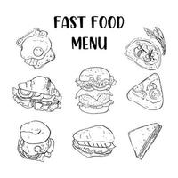 menu de fast food, desenho de desenho vetorial em preto e branco vetor