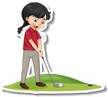Adesivo de personagem de desenho animado com uma garota jogando golfe vetor