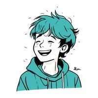 vetor ilustração do uma sorridente Garoto com azul cabelo dentro uma azul capuz.