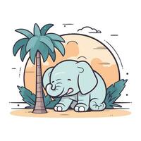 fofa desenho animado elefante e Palma árvore em a de praia. vetor ilustração.