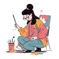 vetor ilustração do uma mulher artista sentado em a chão e pintura dentro dela estúdio.