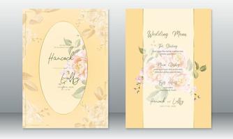 cartão de convite de casamento de luxo com moldura dourada e buquê de rosas vetor