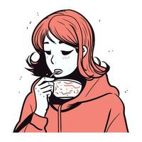 ilustração do uma mulher dentro uma vermelho moletom com capuz com uma copo do café vetor