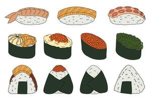 sushi e onigiri desenhados à mão. pratos da cozinha tradicional japonesa. conjunto de clipart de comida asiática vetor