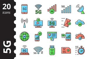 Conjunto de ícones de tecnologia 5g. nova rede móvel, conexão de alta velocidade. vetor