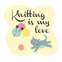 gato bonito com uma bola de tricô. bolas de lã com agulhas de tricô. vetor