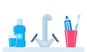banheiro Pia com pasta de dentes e escova de dente, enxaguatório bucal, vidro do água. dental limpeza ferramentas. oral Cuidado e higiene produtos. vetor ilustração.