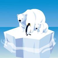 ursos polares e pinguins flutuando no pólo norte do iceberg vetor