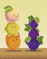 frutas kawaii cara engraçada felicidade uvas pêssego laranja e limão vetor