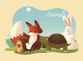 animais dos desenhos animados raposa coelho tartaruga e esquilo na paisagem vetor