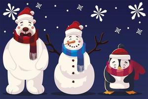 feliz natal urso boneco de neve e desenho vetorial de pinguim vetor