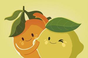 frutas kawaii cara engraçada felicidade fofa limão e laranja cítrica vetor