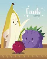 frutas kawaii cara engraçada felicidade fofa banana amora e cereja vetor