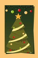 árvore de cartão de feliz natal com decoração de estrelas e bolas vetor