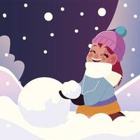 menina sorridente com bola de neve no inverno vetor