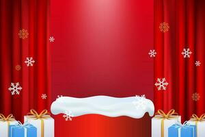 Natal pódio para mostruário produtos. esvaziar vermelho pódio com decoração vetor