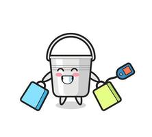 desenho de mascote de balde de metal segurando uma sacola de compras vetor