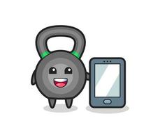 desenho de ilustração de kettlebell segurando um smartphone vetor