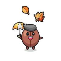 desenho do lindo grão de café segurando um guarda-chuva no outono vetor
