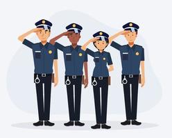 personagens de policiais homens e mulheres estão saudando, equipe de policiais. vetor