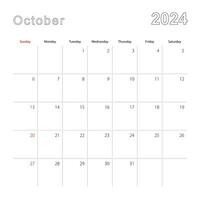 simples parede calendário para Outubro 2024 com pontilhado linhas. a calendário é dentro inglês, semana começar a partir de Domingo. vetor