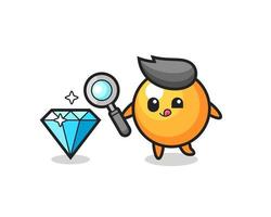mascote da bola de pingue-pongue está verificando a autenticidade de um diamante vetor