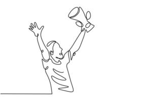 desenho de linha contínua do vencedor segurando e levantando o troféu de campeão. vetor