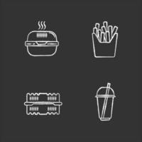 pacotes de comida para viagem com ícones brancos de giz em fundo preto vetor