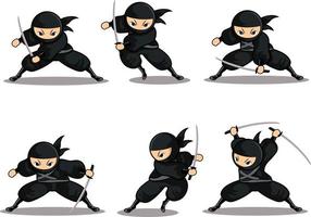 ninja preto com seis novas poses diferentes de ataque vetor