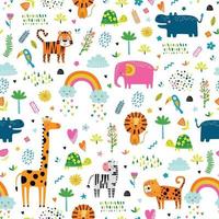 padrão infantil sem costura com desenhos animados de animais da selva