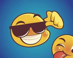 emoji feliz com óculos de sol sobre design de plano de fundo sunburst vetor