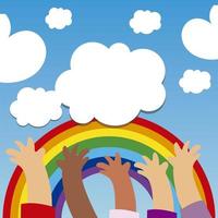 levantaram as mãos com desenhos de arco-íris e nuvens, crianças vetor