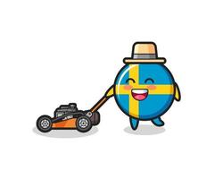 ilustração do personagem do emblema da bandeira da Suécia usando cortador de grama vetor