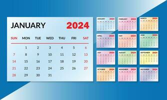 2024 Inglês tipográfico calendário modelo gradiente Projeto. semana começa a partir de Domingo. vetor