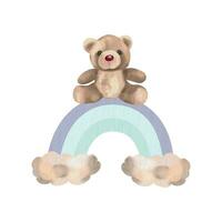 Urso de pelúcia Urso brinquedo em uma arco Iris com nuvens. vetor ilustração dentro aguarela estilo. Projeto elemento para cumprimento cartões, convites, capas, recém-nascido bebê banho, gênero festa, Garoto ou garota.