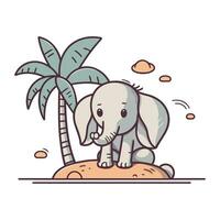 vetor ilustração do fofa bebê elefante sentado em a de praia com Palma árvore.
