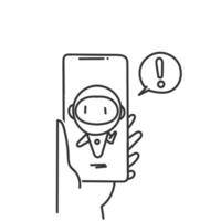 mão desenhado rabisco pessoa conversa com bate-papo robô em Móvel telefone vetor