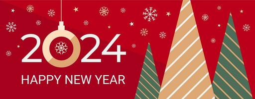 2024 Novo ano bandeira, saudações, festa convite, gráfico modelo com plano abeto árvore, texto saudações, estrelas e flocos de neve decorações. feriado fundo vetor ilustração.