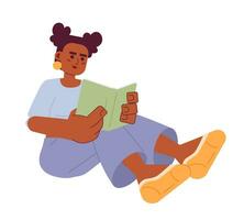 africano americano menina lendo livro 2d desenho animado personagem. Preto jovem mulher sentado com livro isolado vetor pessoa branco fundo. leitor ávido aluna fêmea leitor cor plano local ilustração