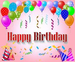 feliz aniversário para você texto com balão e confete decoração elemento para nascimento dia celebração cumprimento cartão Projeto. vetor ilustração