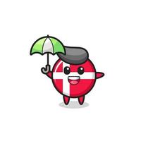 ilustração fofa do distintivo da bandeira da Dinamarca segurando um guarda-chuva vetor