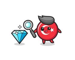 mascote do emblema da bandeira da Turquia está verificando a autenticidade de um diamante vetor